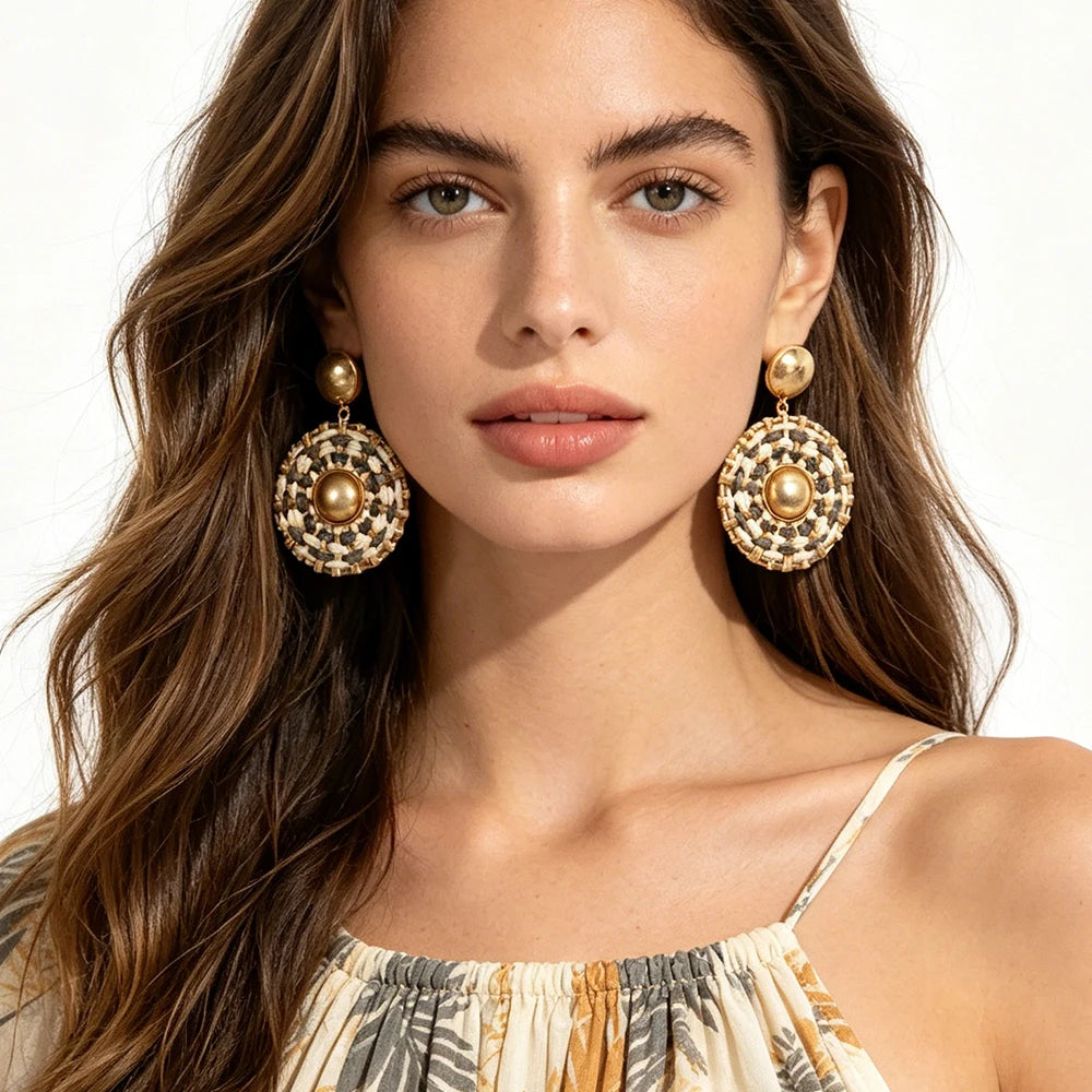 Bohemian Raffia Woven Circle Drop Earrings Gold Tone Hammered Stud Top With Neutral Tone Accents Statement Jewelry For Women