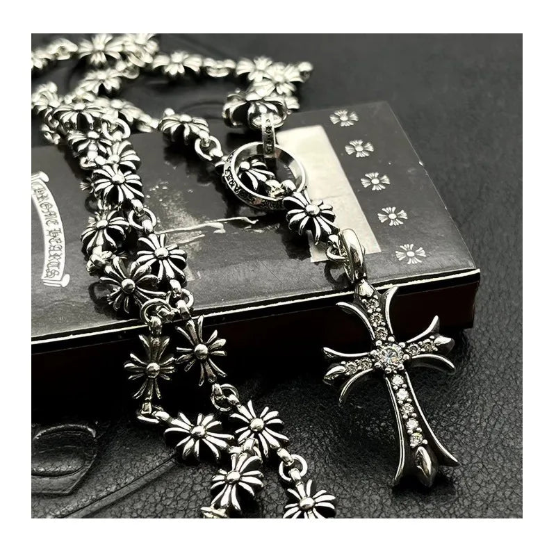 Trendy Thai Silver Retro Cross Necklace High-end Autumn and Winter Sweater Chain Jewelry Accessories Punk