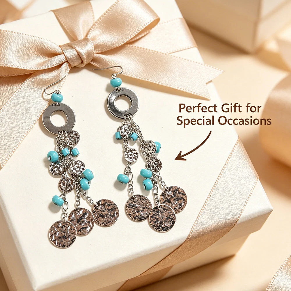 Turquoise And Silver Coin Drop Earrings Boho Tassel Style Statement Accessory For Womens Tropical And Festival Fashion
