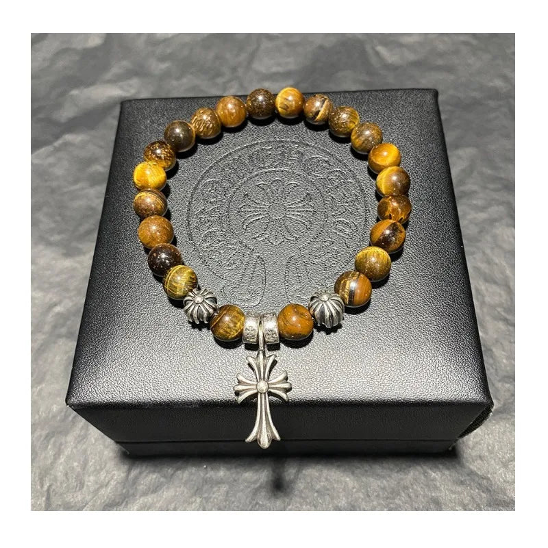 Cross Pendant Bracelet Natural Tiger's Eye Stone Alphabet Retro Hip Hop Bracelet Couple