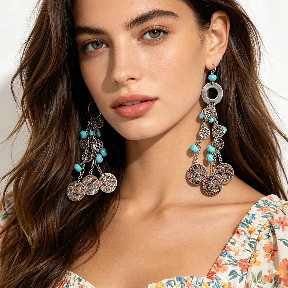 Turquoise And Silver Coin Drop Earrings Boho Tassel Style Statement Accessory For Womens Tropical And Festival Fashion