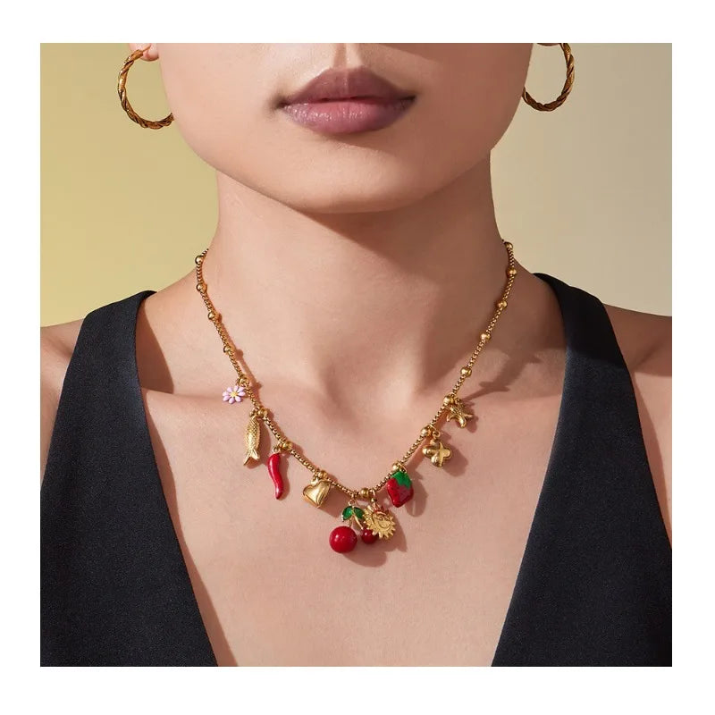 Seattle Stainless Steel Oil Drop Strawberry Pepper Cherry Pendant Bracelet Necklace French Fashion Jewelry