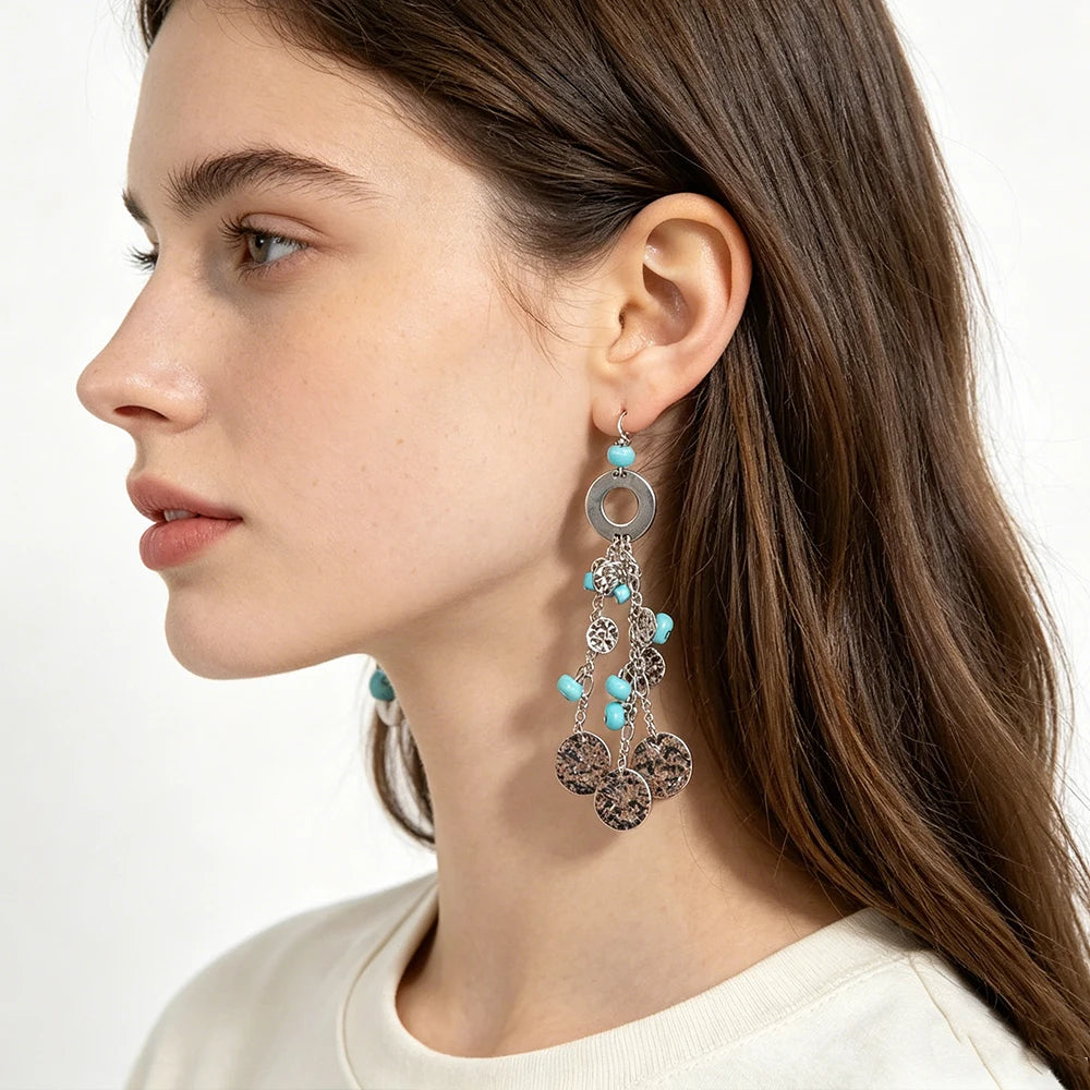 Turquoise And Silver Coin Drop Earrings Boho Tassel Style Statement Accessory For Womens Tropical And Festival Fashion
