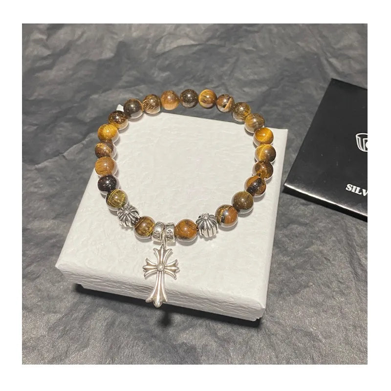 Cross Pendant Bracelet Natural Tiger's Eye Stone Alphabet Retro Hip Hop Bracelet Couple