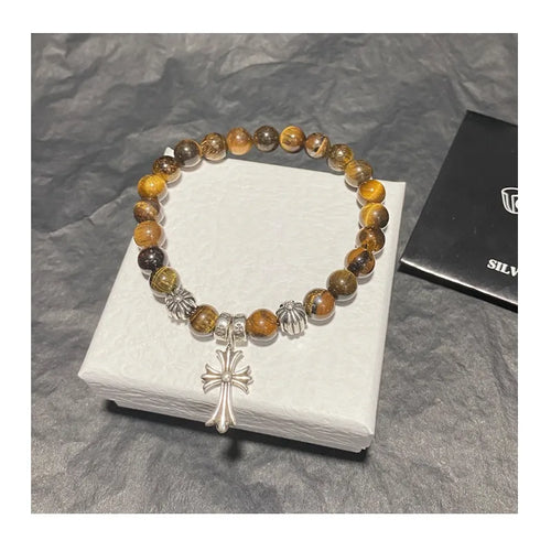 Cross Pendant Bracelet Natural Tiger's Eye Stone Alphabet Retro Hip Hop Bracelet Couple