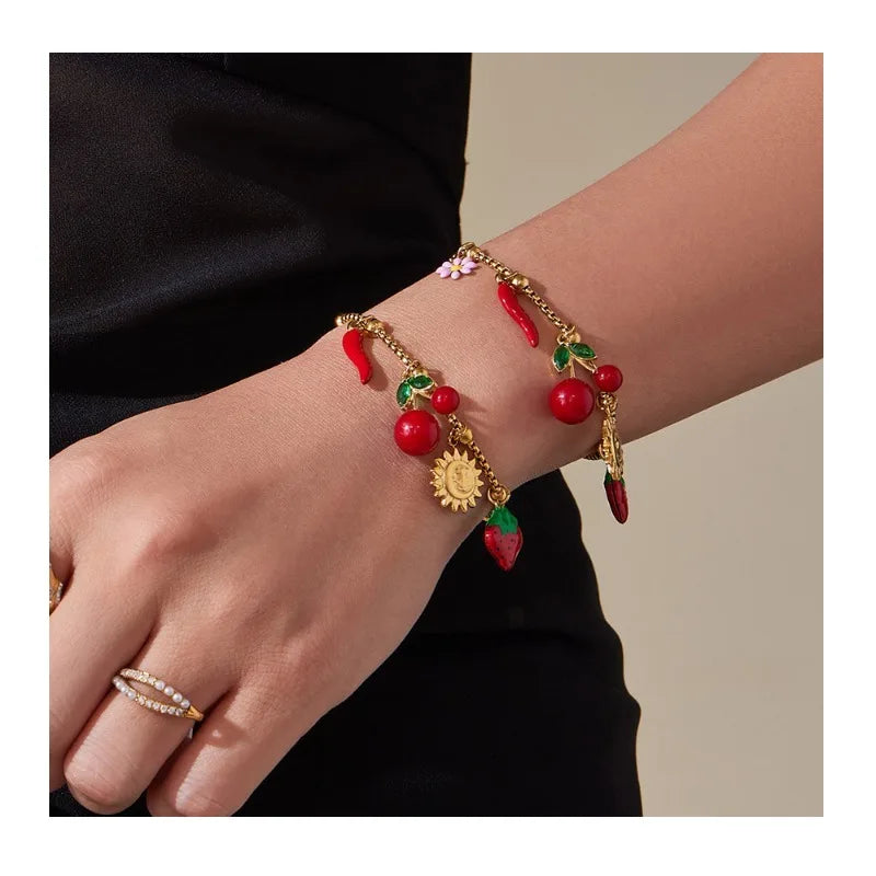 Seattle Stainless Steel Oil Drop Strawberry Pepper Cherry Pendant Bracelet Necklace French Fashion Jewelry