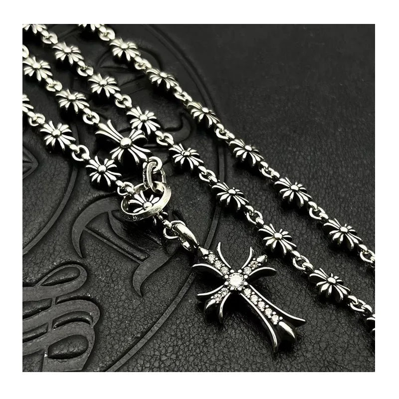 Trendy Thai Silver Retro Cross Necklace High-end Autumn and Winter Sweater Chain Jewelry Accessories Punk