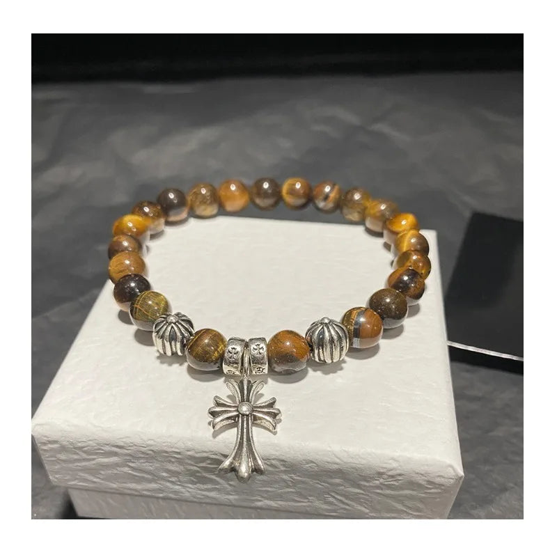 Cross Pendant Bracelet Natural Tiger's Eye Stone Alphabet Retro Hip Hop Bracelet Couple