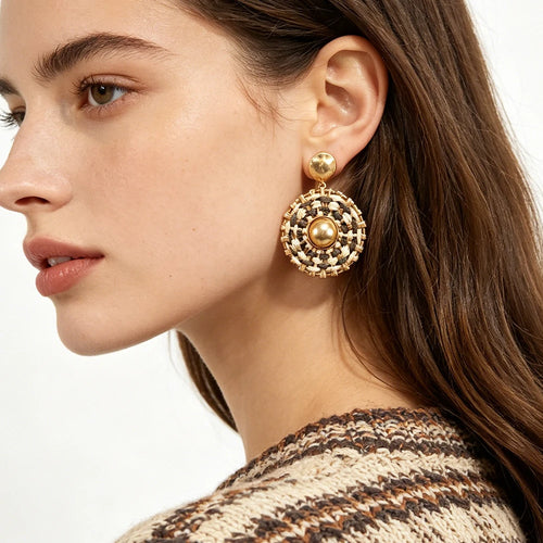 Bohemian Raffia Woven Circle Drop Earrings Gold Tone Hammered Stud Top With Neutral Tone Accents Statement Jewelry For Women