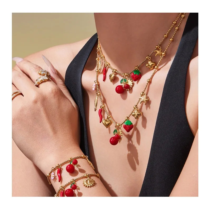 Seattle Stainless Steel Oil Drop Strawberry Pepper Cherry Pendant Bracelet Necklace French Fashion Jewelry