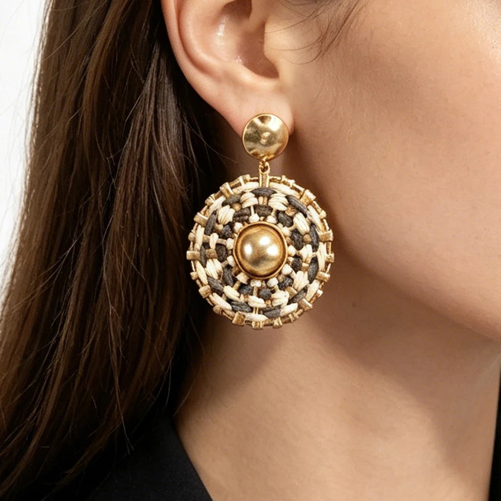 Bohemian Raffia Woven Circle Drop Earrings Gold Tone Hammered Stud Top With Neutral Tone Accents Statement Jewelry For Women
